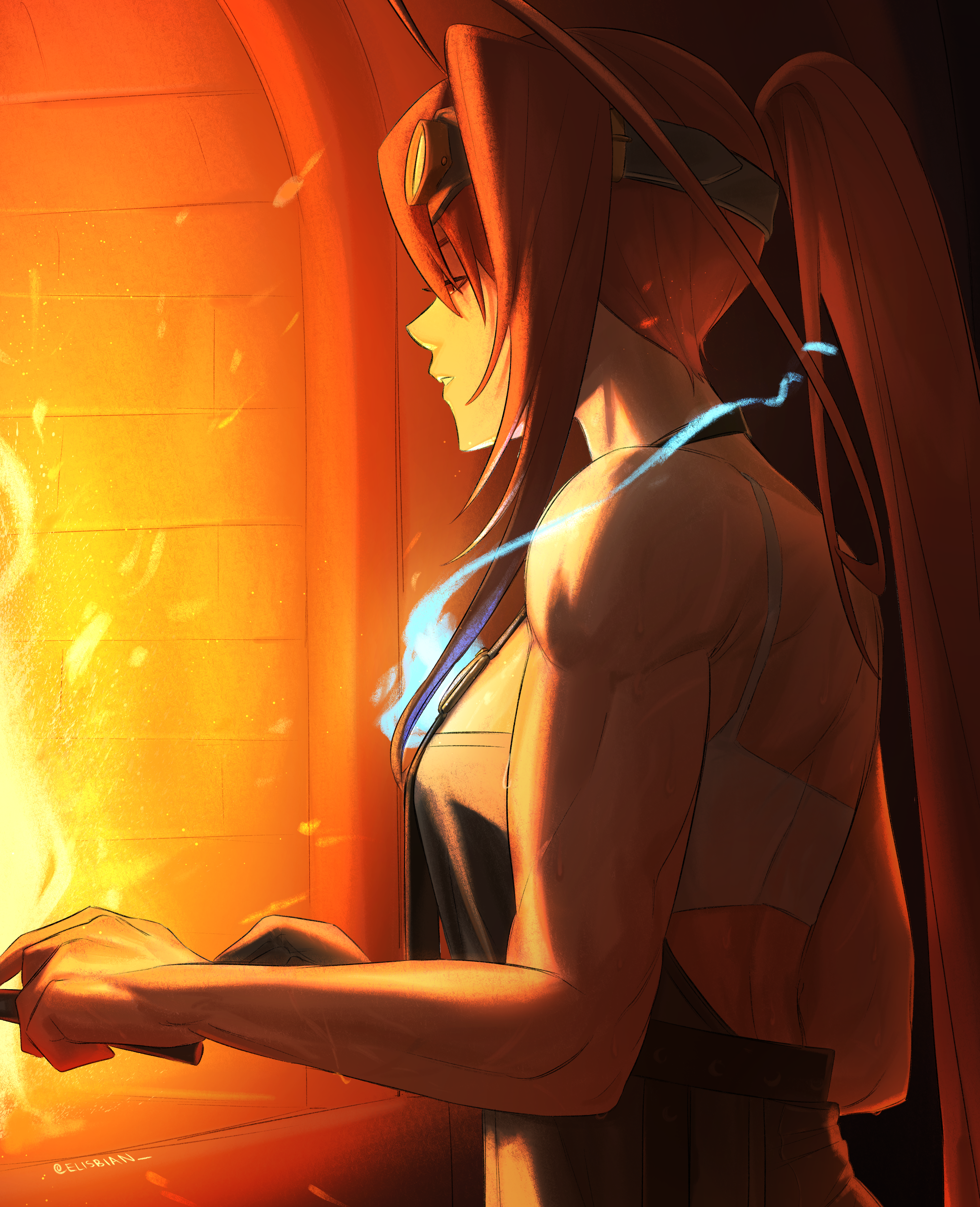 Elizabeth Rose Bloodflame tending the forge. Used as a proxy image for a female blacksmith.